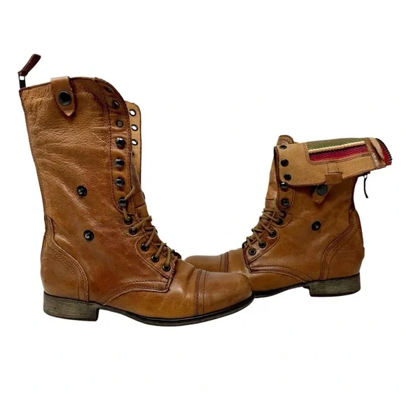 Steve Madden Camarro Leather Combat Boots Foldover Southwest Brown Size 8 - Picture 2 of 11